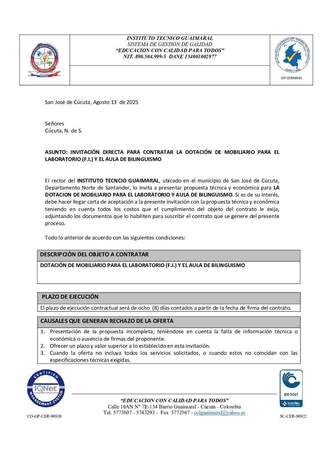 Contratación – Dotación de mobiliario para el laboratorio (F.I.) y el aula de bilingüismo