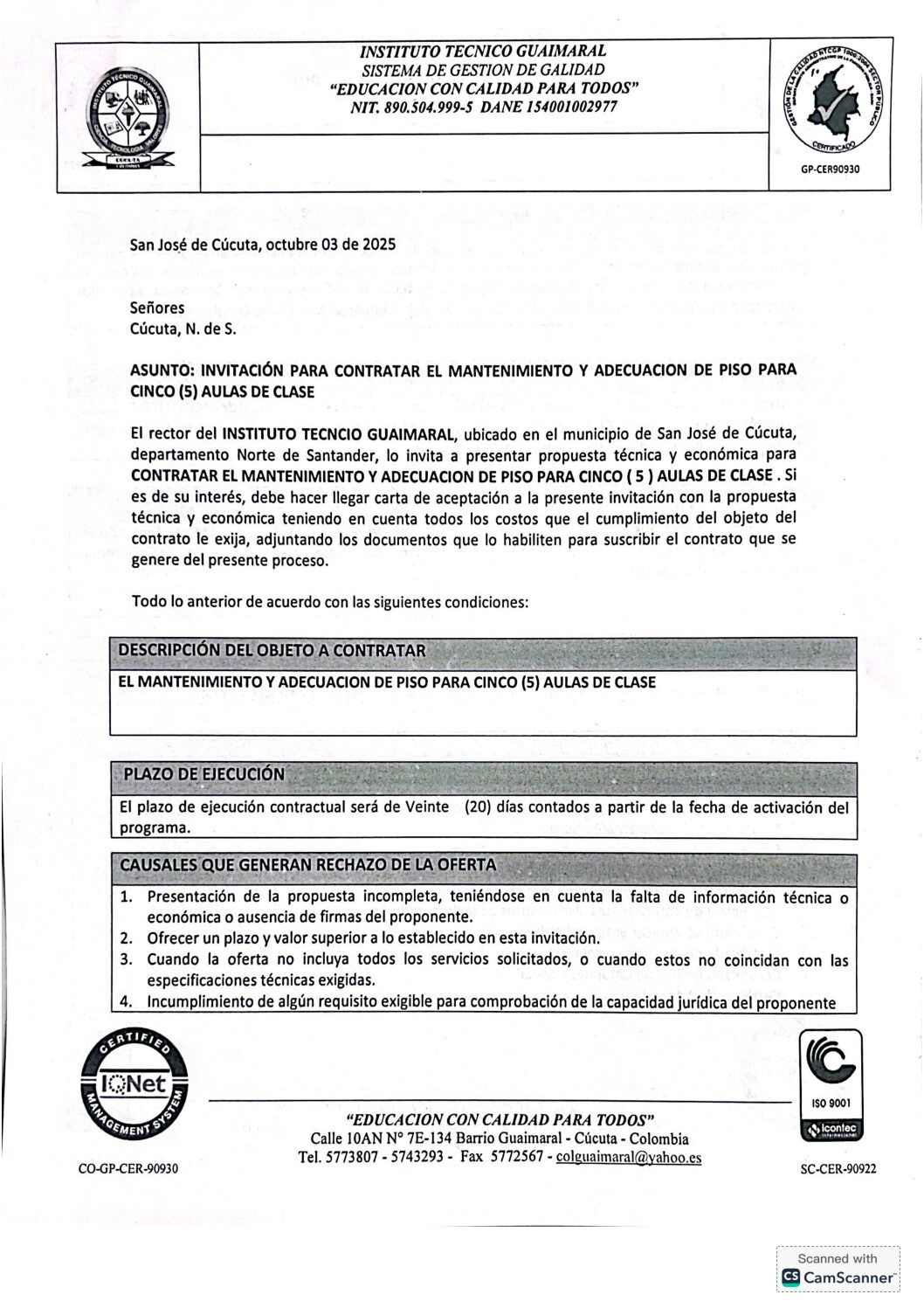 CONTRATACIÓN – MANTENIMIENTO Y ADECUACIÓN DE PISO PARA CINCO (5) AULAS DE CLASE