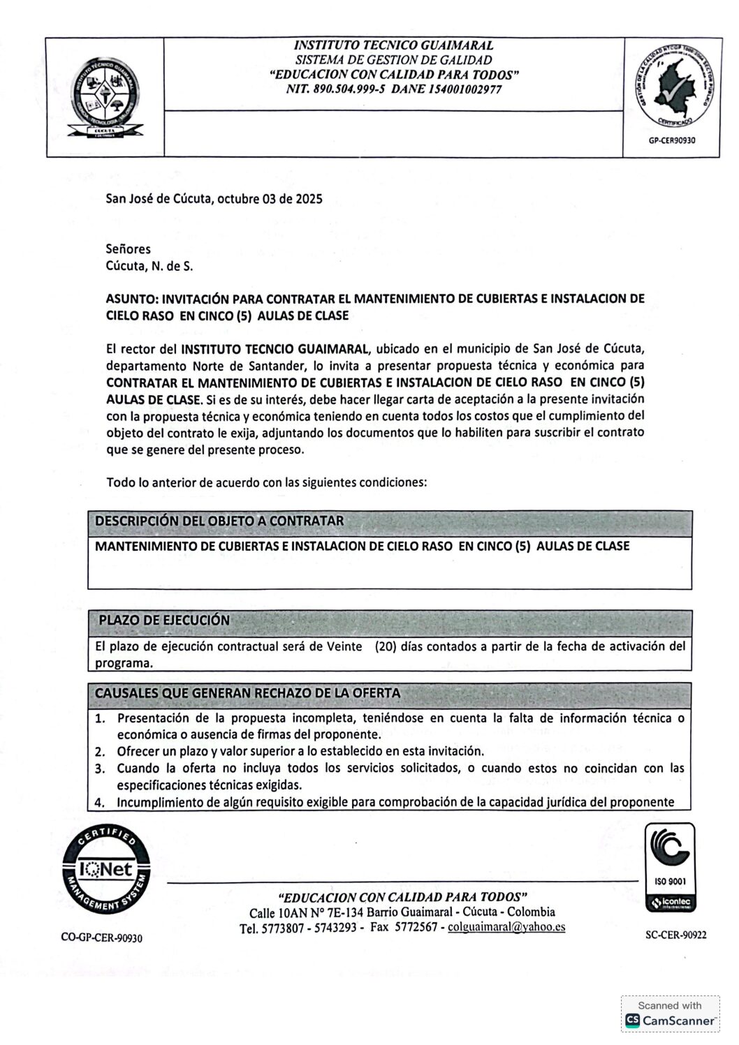 CONTRATACIÓN – MANTENIMIENTO DE CUBIERTAS E INSTALACIÓN DE CIELO RASO EN CINCO (5) AULAS DE CLASE