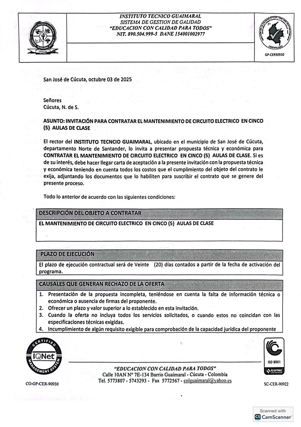 CONTRATACIÓN – MANTENIMIENTO DE CIRCUITO ELÉCTRICO EN CINCO (5) AULAS DE CLASE